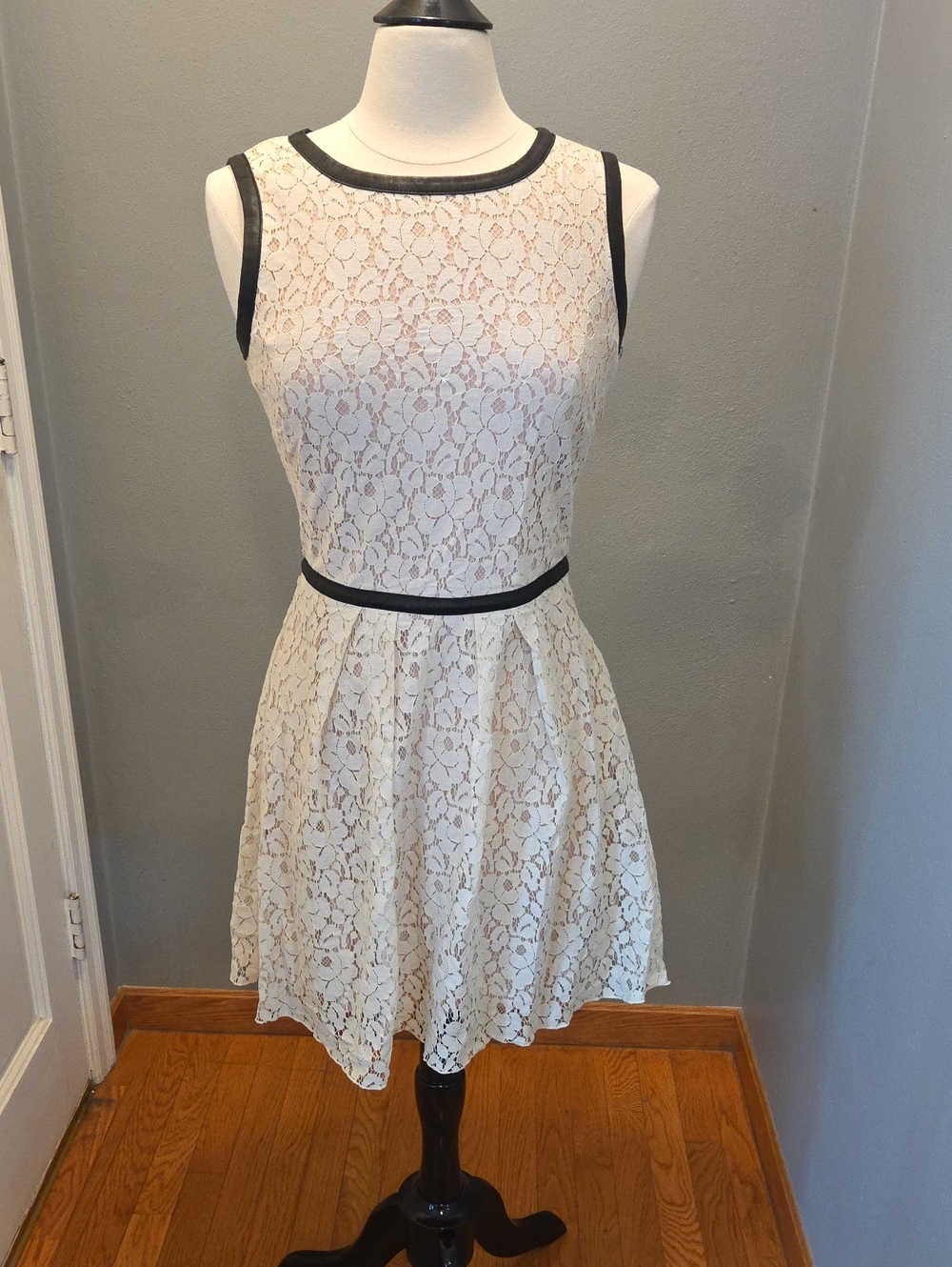 Lace Fit-and-Flare Mini Dress in Cream with Black Trim